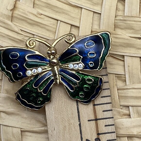 Vintage Butterfly Brooch Pin Green Blue Enamel Rhinestone Goldtone Boho Hippie - Picture 5 of 6